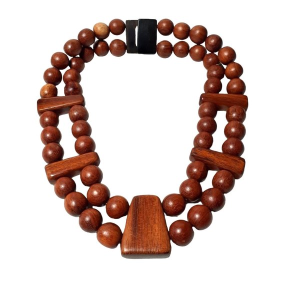 Monies Jewelry - Vintage Gerda Lynggaard Monies Signed Necklace Teak Wood Beaded Danish 18"
